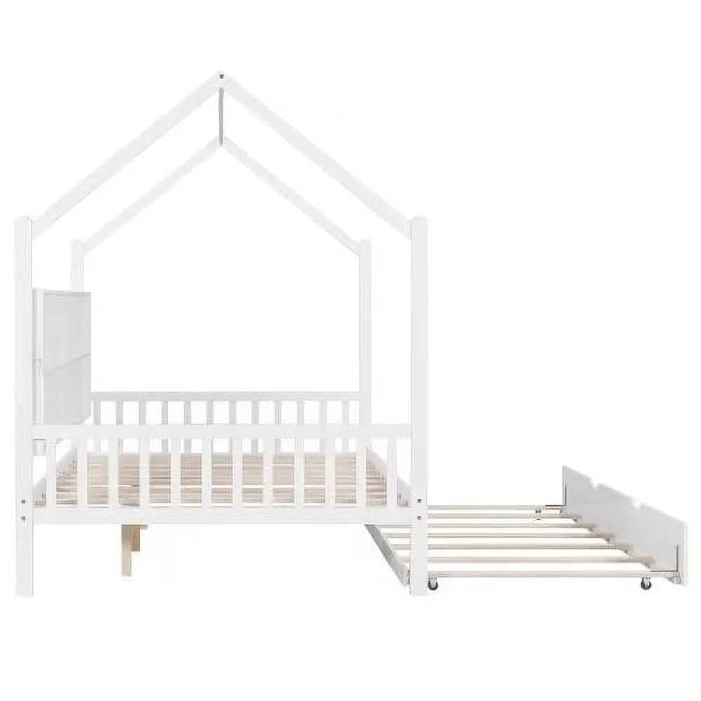 White Full Size Wood House Bed with Trundle and Shelves J853