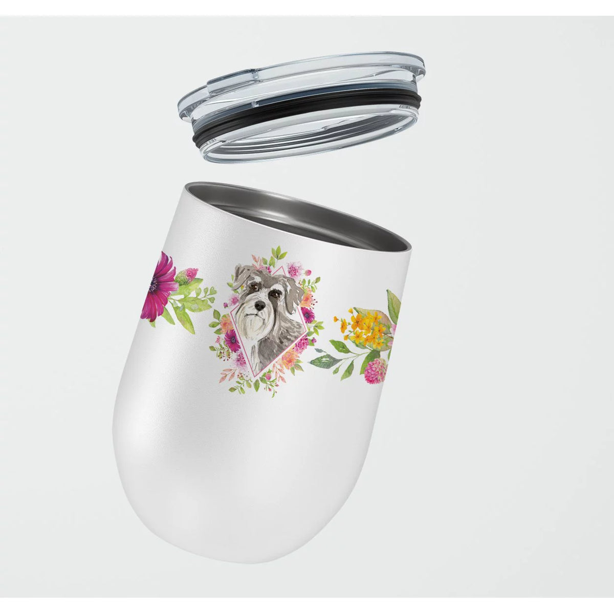 Schnauzer Pink Flowers Stainless Steel 12 oz Stemless Wine Glass L171607