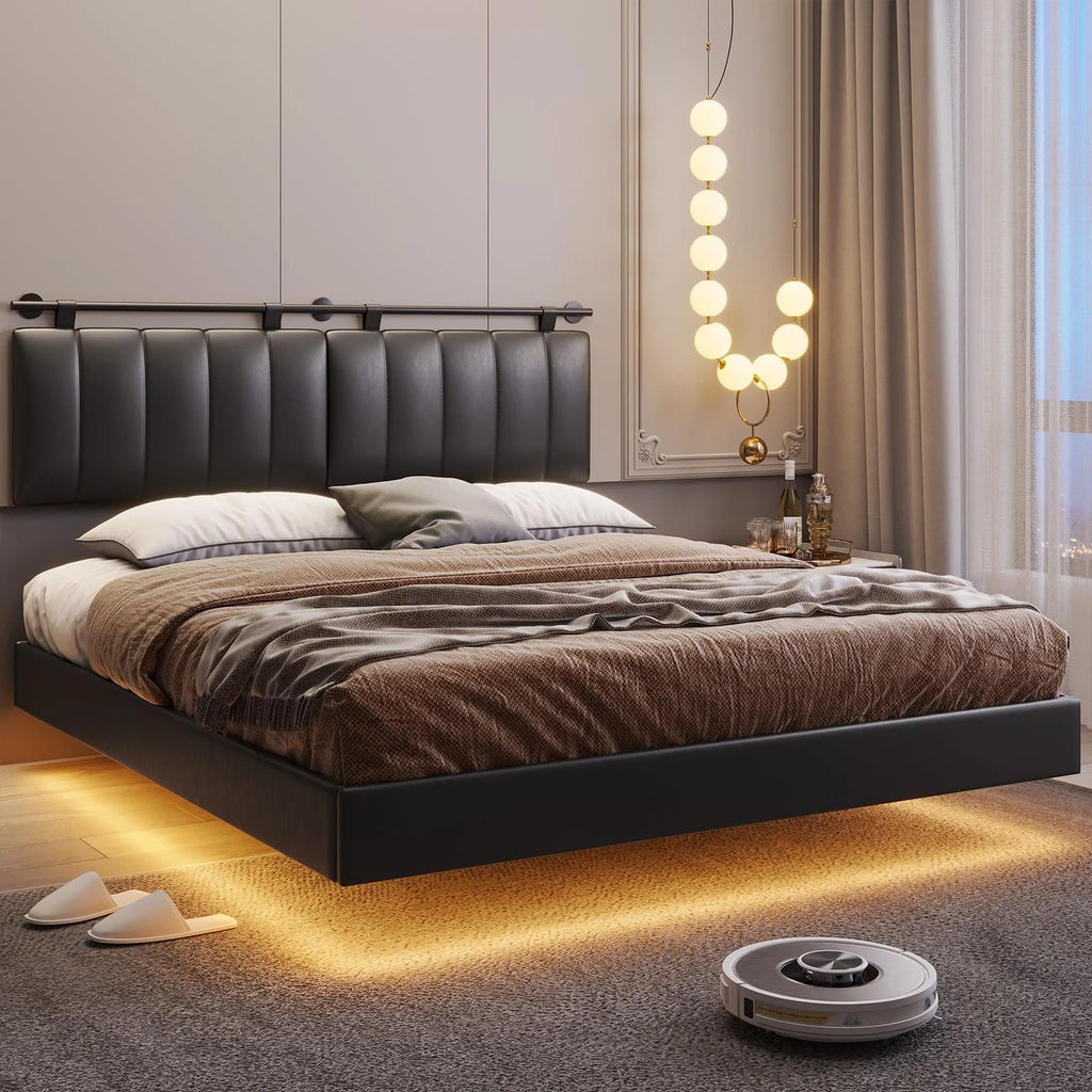 Queen Floating Bed Frame with LED Lights and Wall Mounted Headboard B54815