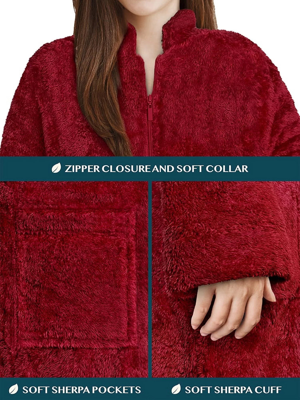 Wine Red Sherpa Fleece Zip Robe with Pockets B7937