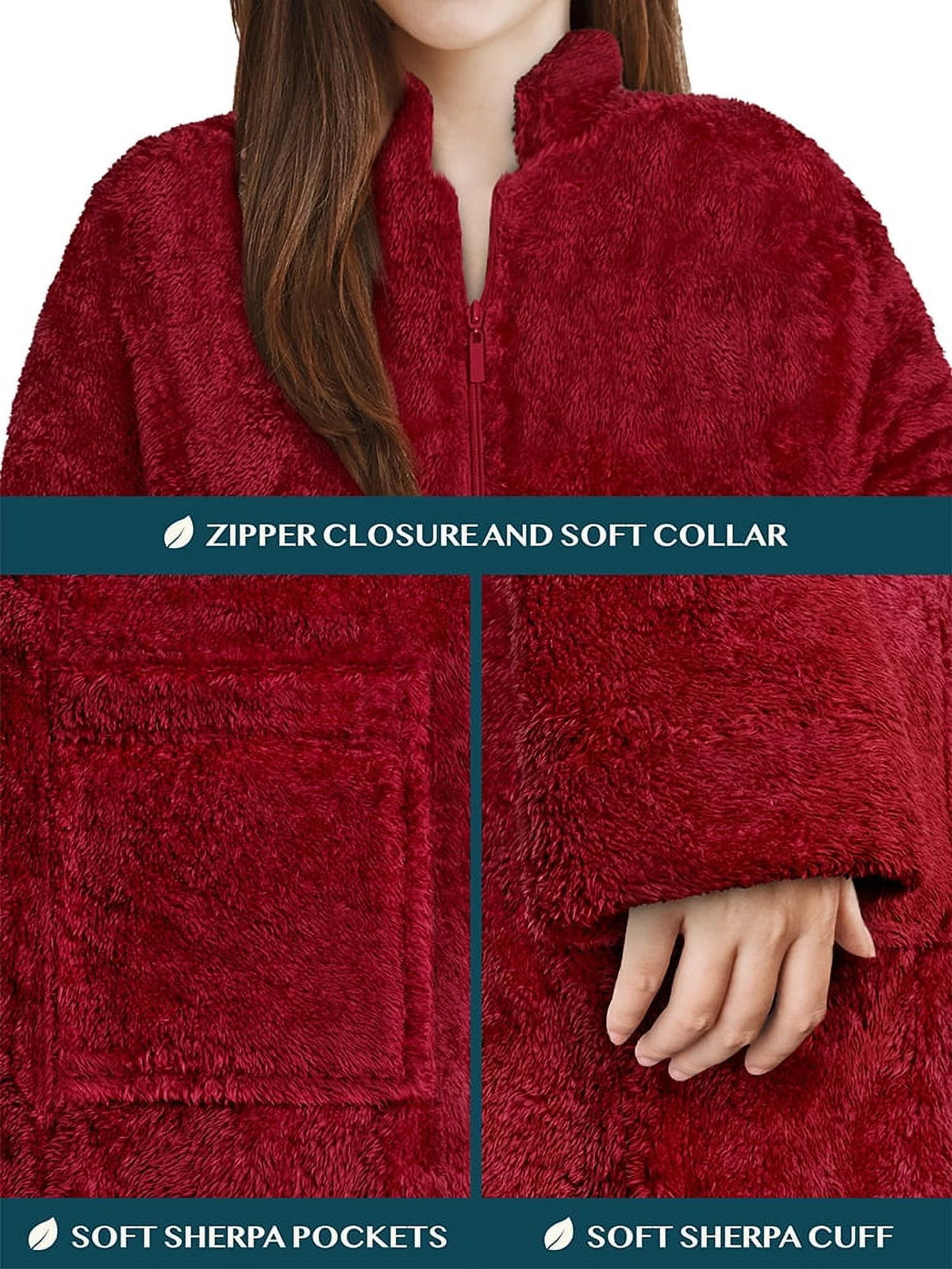 Wine Red Sherpa Fleece Zip Robe with Pockets B7937