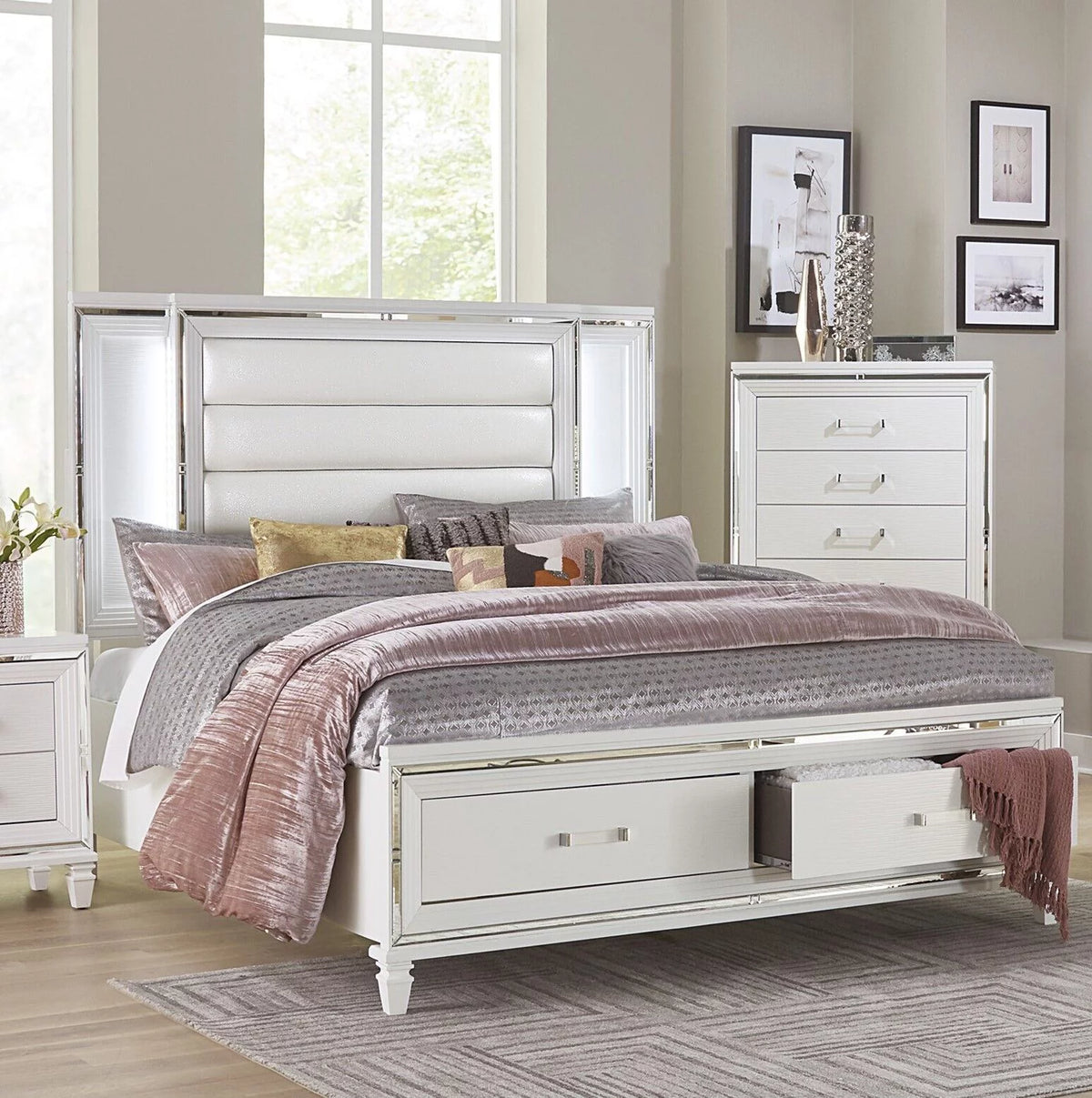 White 1pc Eastern King Platform Bed with Footboard Drawers LED Headboard O34717