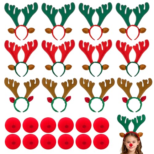 12 Pcs Brown Reindeer Antlers Headband with Red Noses V944