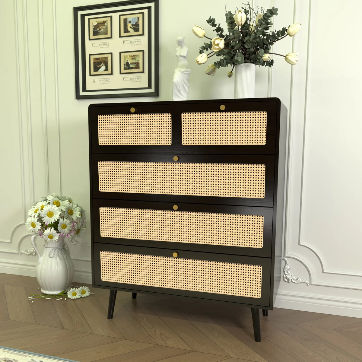 Rattan 4 Drawer Tall Wood Dresser I2745