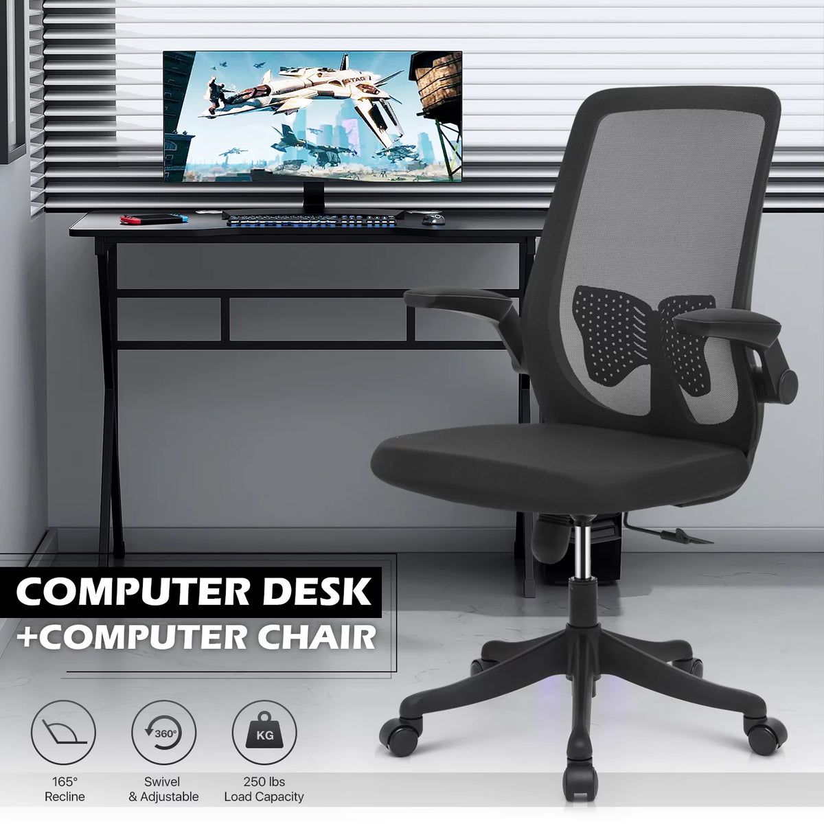Black Portable Computer Desk and Rolling Swivel Task Seat R167