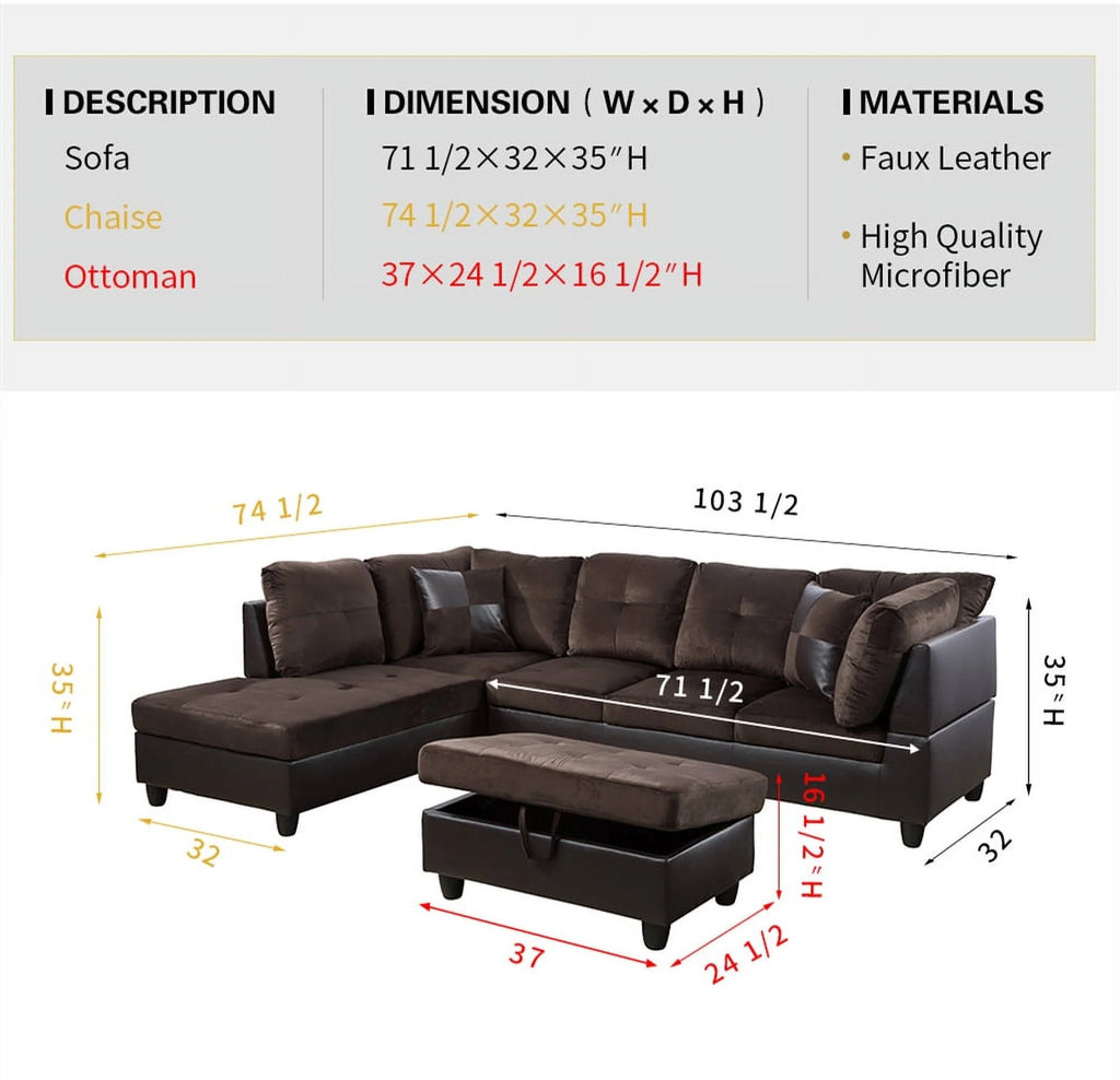 Brown Microfiber Faux Leather Sectional Sofa & Chaise with Ottoman V70763