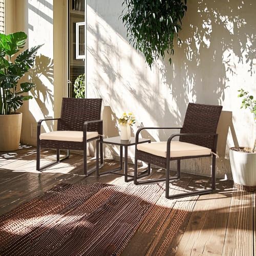 3 Piece Wicker Patio Bistro Set with Glass Coffee Table P489