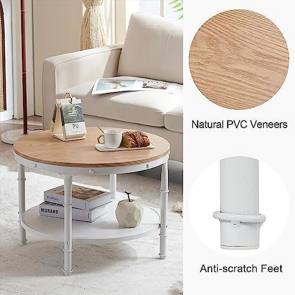 31.5" Natural White Round 2-Tier Wood Coffee Table P58322