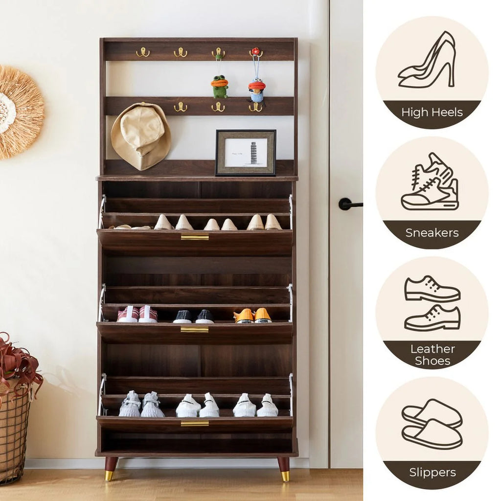 Brown Entryway Wardrobe Armoire Closet with 12 Hooks & 3 Shoe Cabinets Z858146