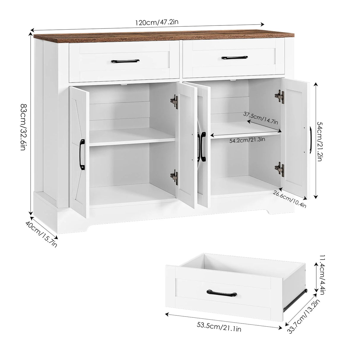 White Wood Buffet Sideboard with 2 Drawers and 4 Doors K1117