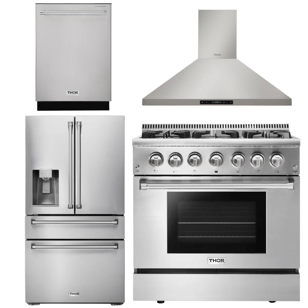 36 Dual Fuel Range, Range Hood, Dishwasher, Refrigerator with Water and Ice Dispenser Y824