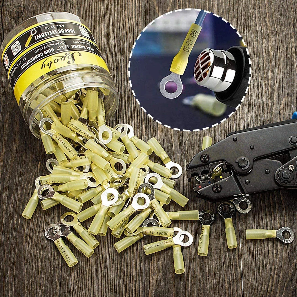 100PCS Heat Shrink Crimp Ring Connectors 5/16" Yellow 12-10 AWG N4279