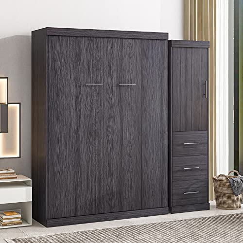 Full Size Grey Murphy Bed with Side Cabinet Storage T197183