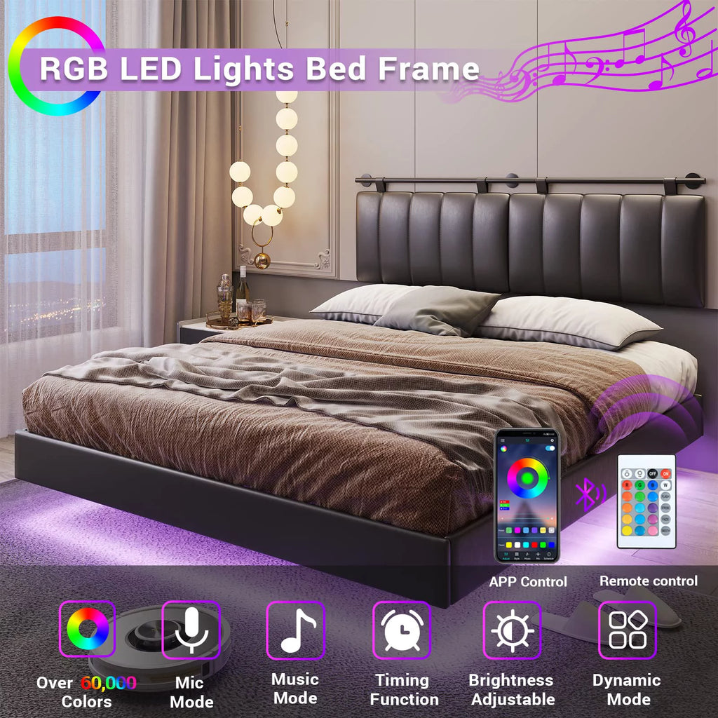 Queen Floating Bed Frame with LED Lights and Wall Mounted Headboard B54815
