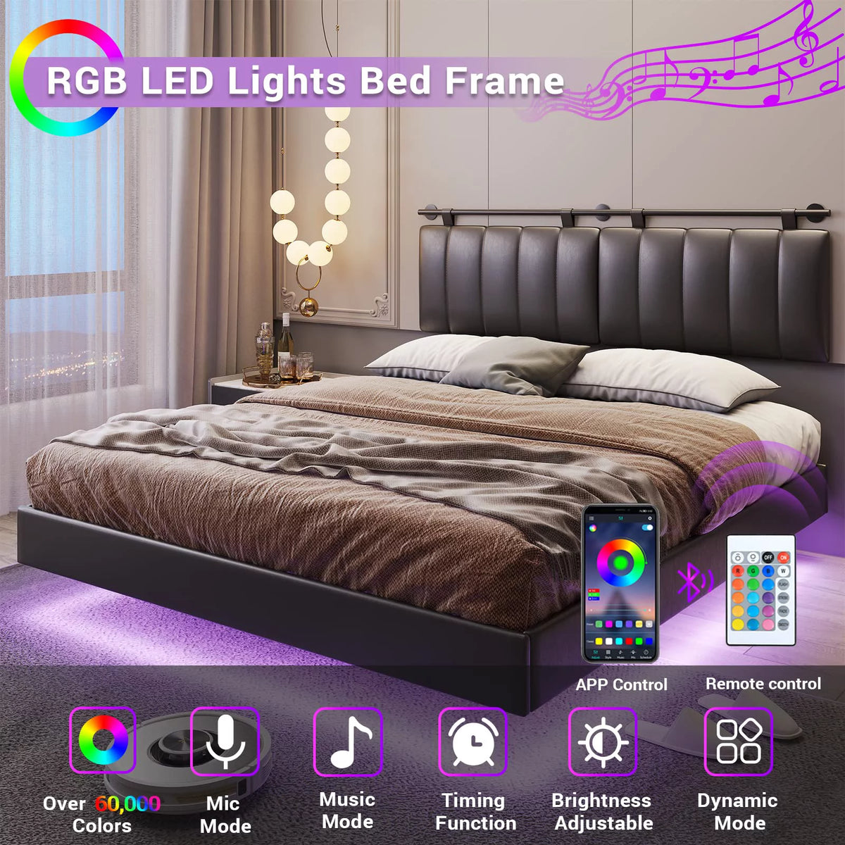 Queen Floating Bed Frame with LED Lights and Wall Mounted Headboard B54815