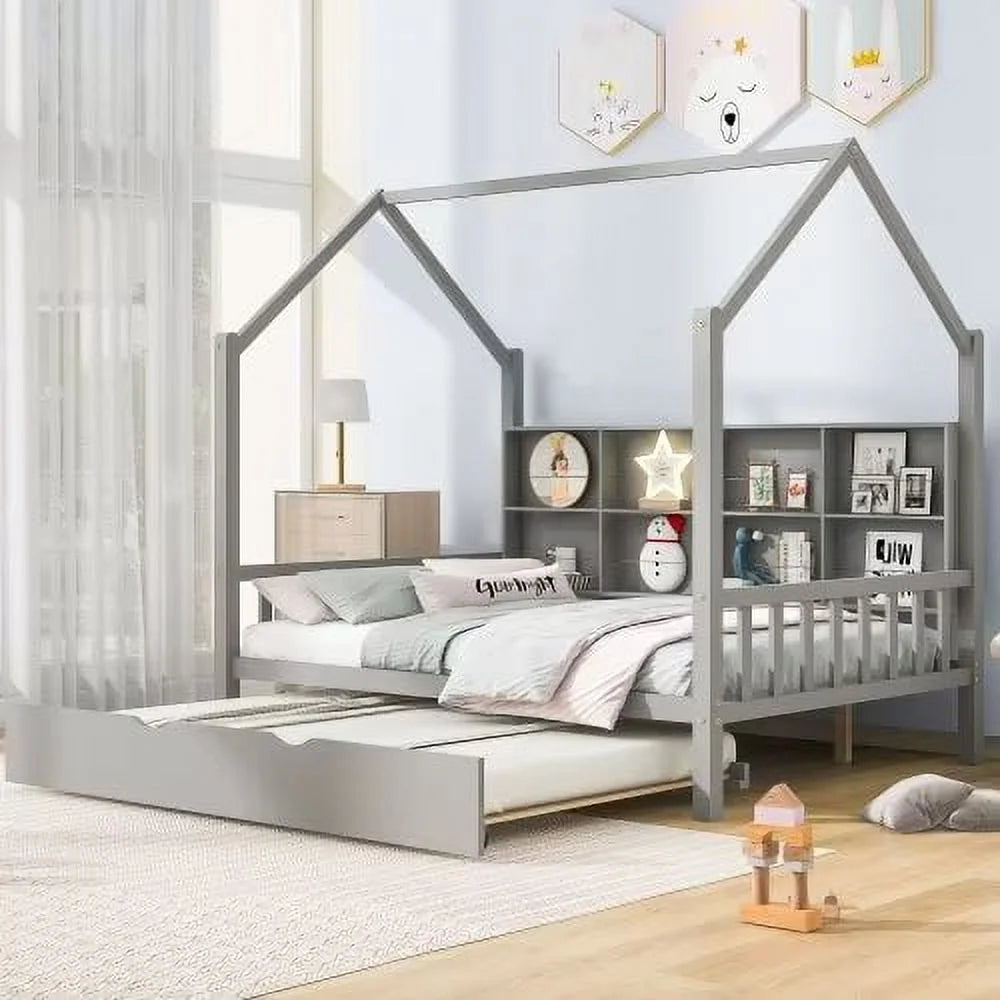 White Full Size Wood House Bed with Trundle and Shelves J853