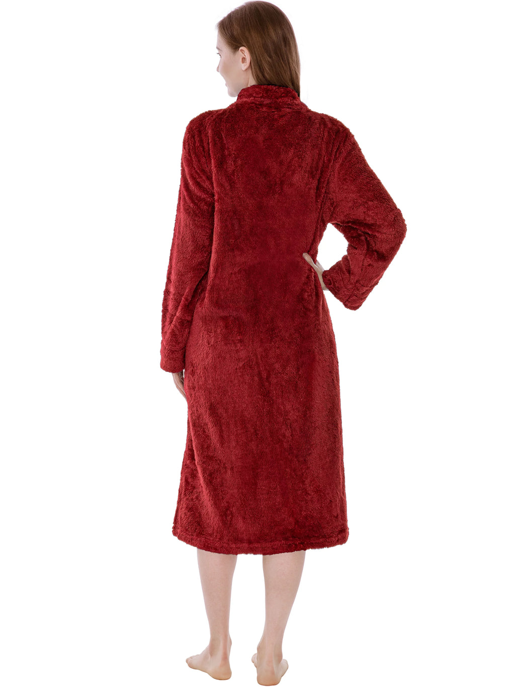 Wine Red Sherpa Fleece Zip Robe with Pockets B7937