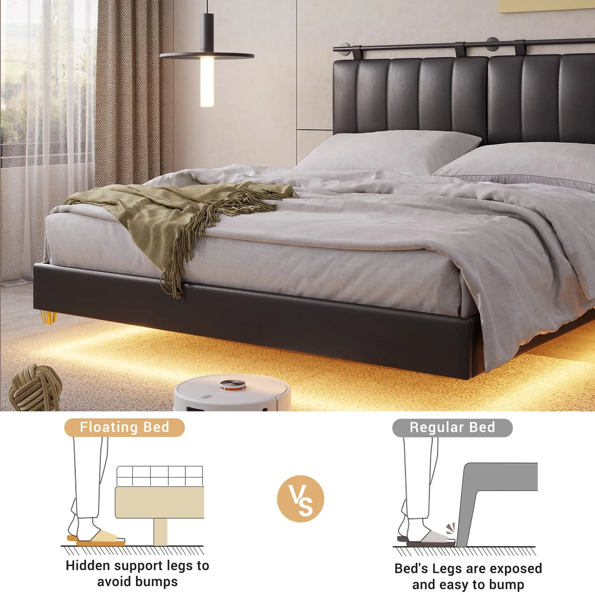 Queen Floating Bed Frame with LED Lights and Wall Mounted Headboard B54815