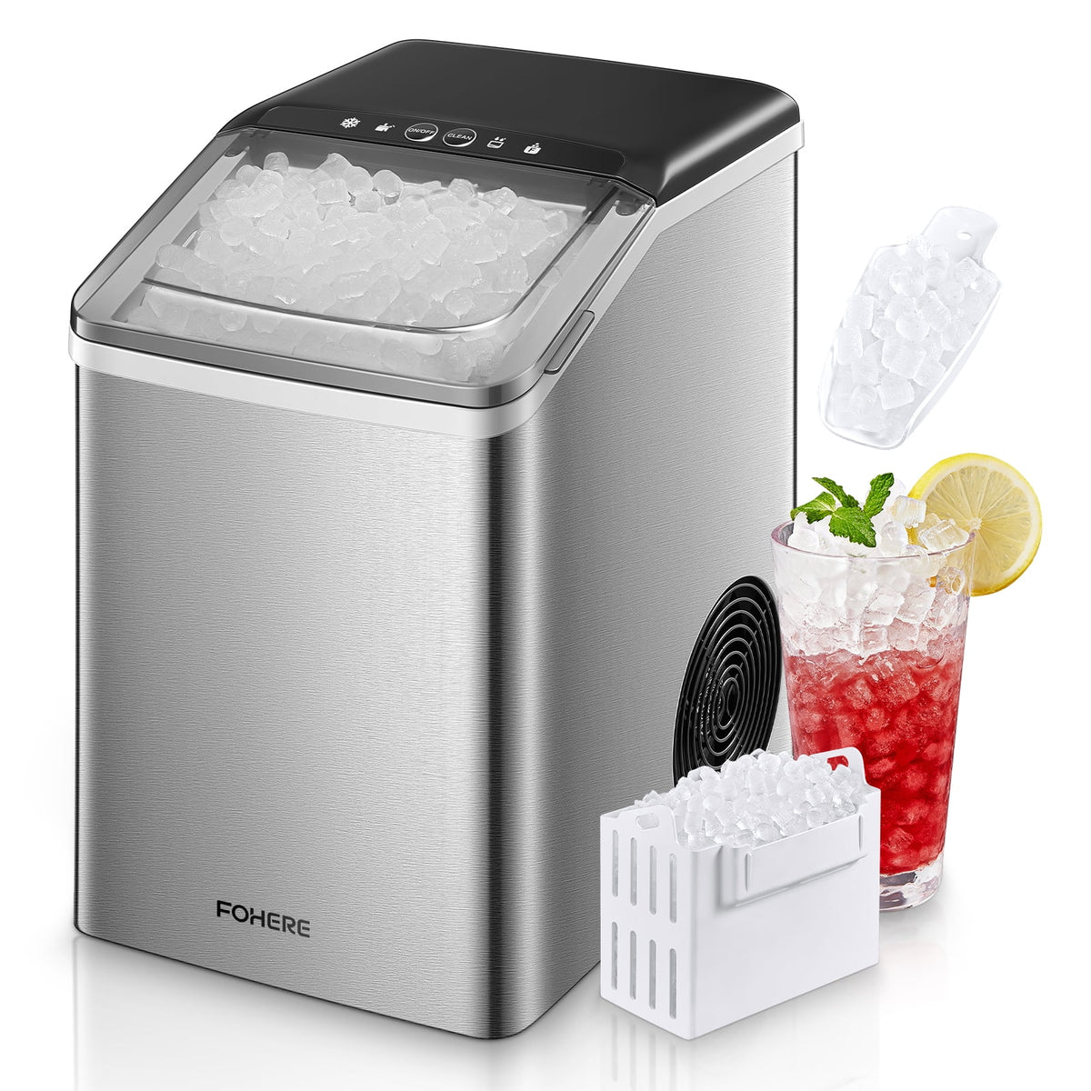 Nugget Ice Maker Countertop 38 Lbs Stainless Steel Portable Ice Machine with Ice Scoop and Basket K5300