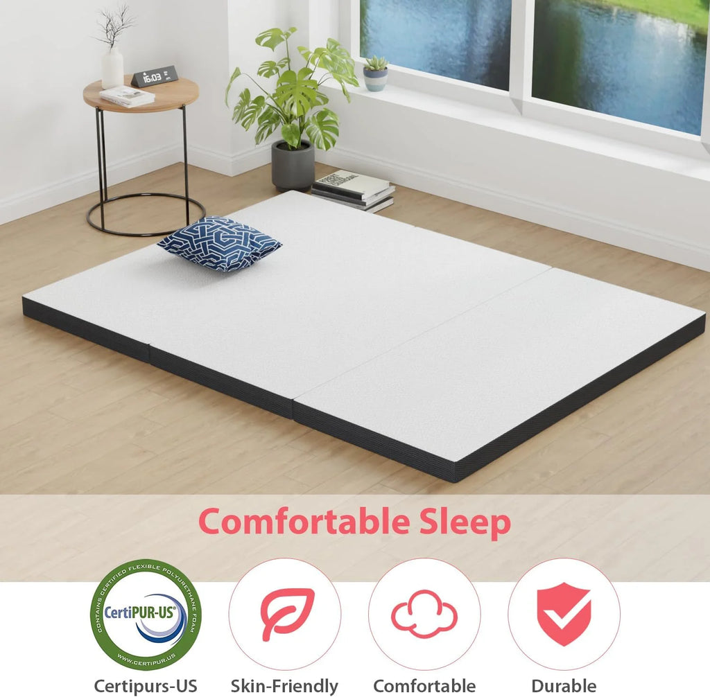 4" Trifold Memory Foam Queen Size Mattress with Washable Cover K8008