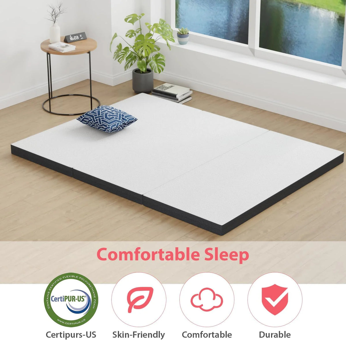 4" Trifold Memory Foam Queen Size Mattress with Washable Cover K8008