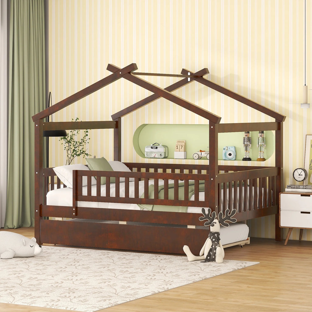 Full Size Wooden House Bed with Twin Size Trundle I41169
