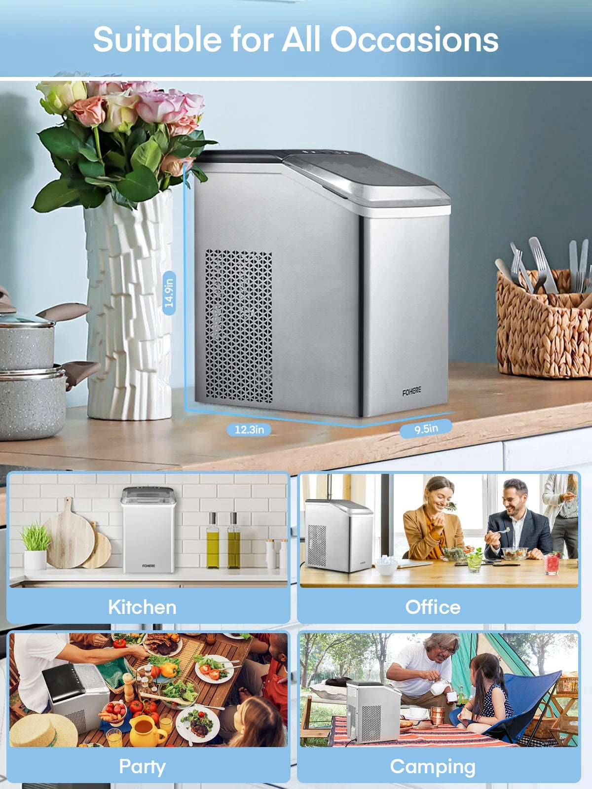 Nugget Ice Maker Countertop 38 Lbs Stainless Steel Portable Ice Machine with Ice Scoop and Basket K5300