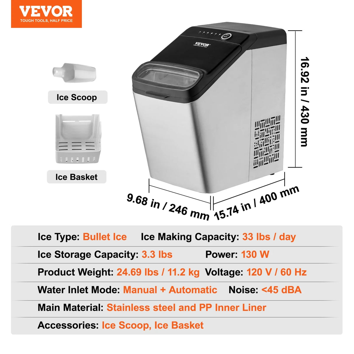 Portable Countertop Ice Maker 33lbs/24H with Scoop and Basket M30224