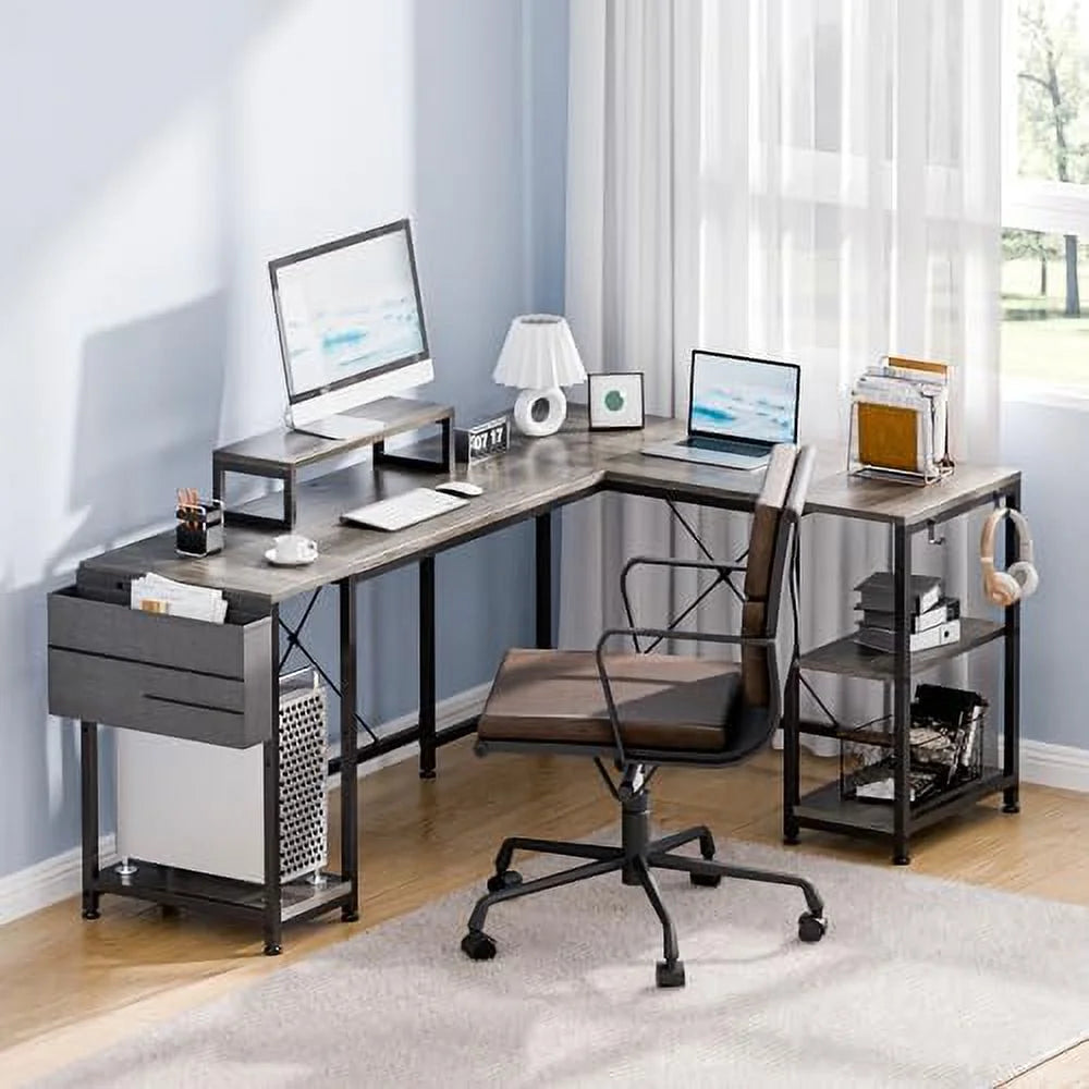 L Shaped Reversible Corner Computer Desk with Shelves F205