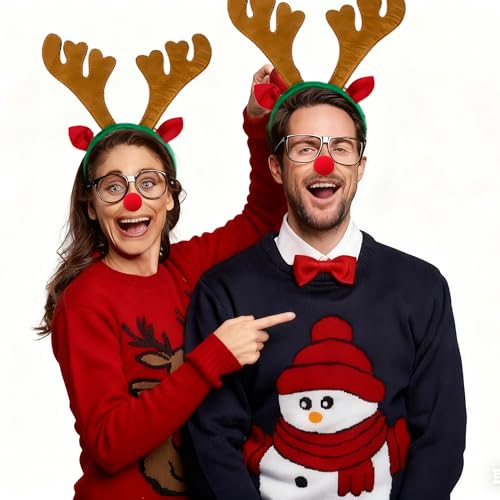 12 Pcs Brown Reindeer Antlers Headband with Red Noses V944