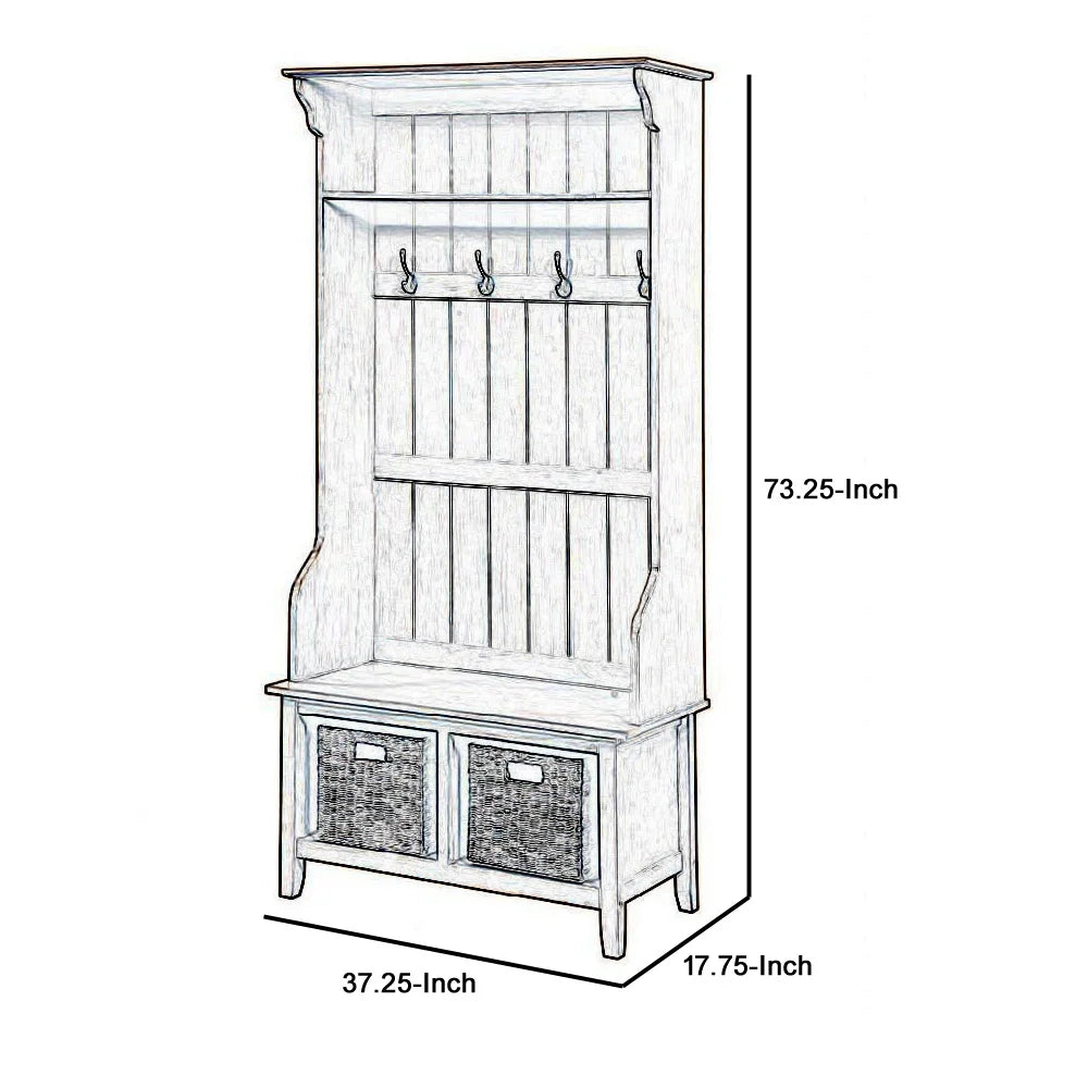 Wooden Frame Hall Tree with 4 Hooks and 2 Open Compartments M767455