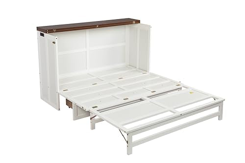 Queen Size White Wood Murphy Bed with Storage Drawer J783334