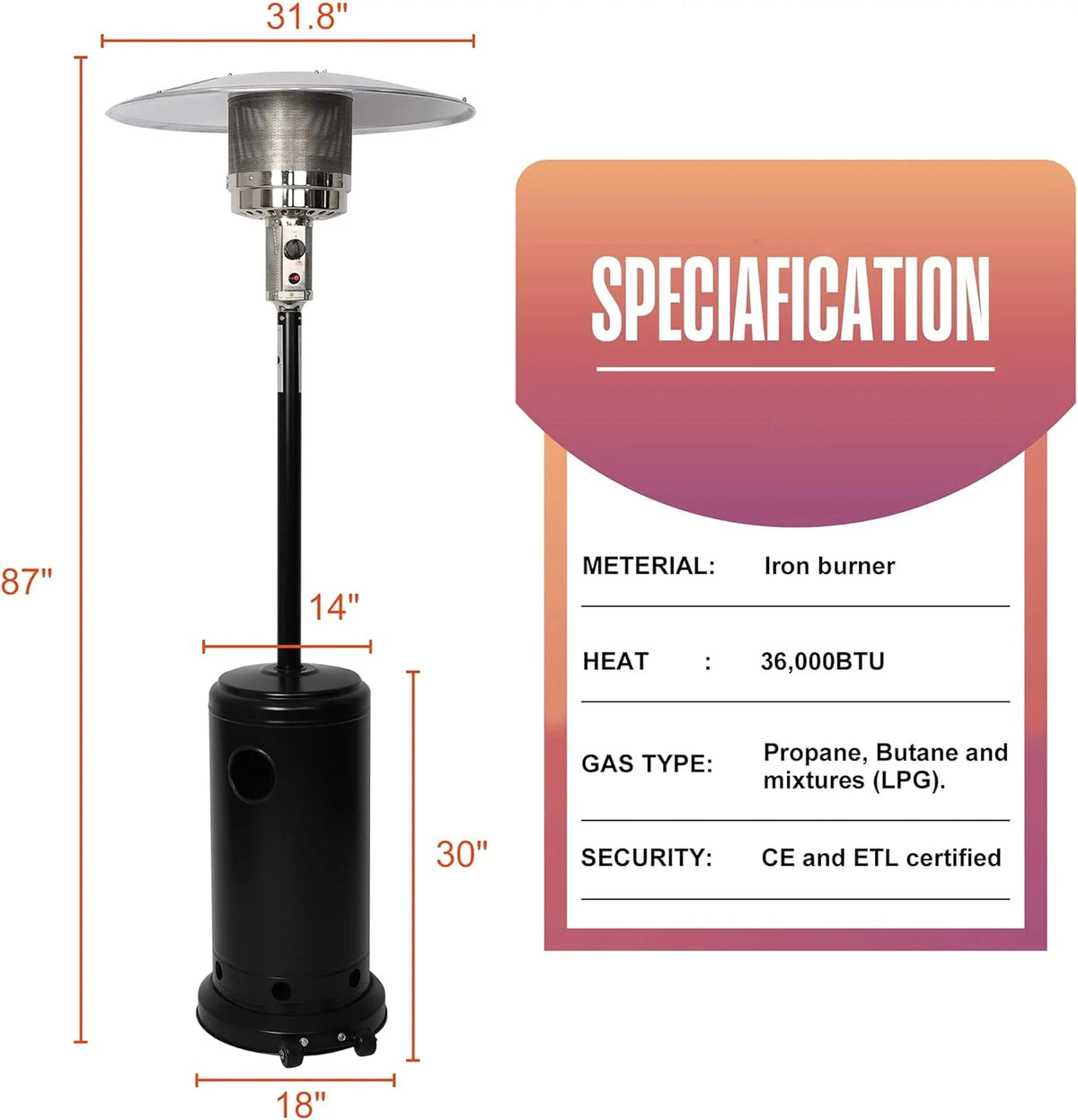Propane 36000 BTU Outdoor Patio Heater with Wheels C39327