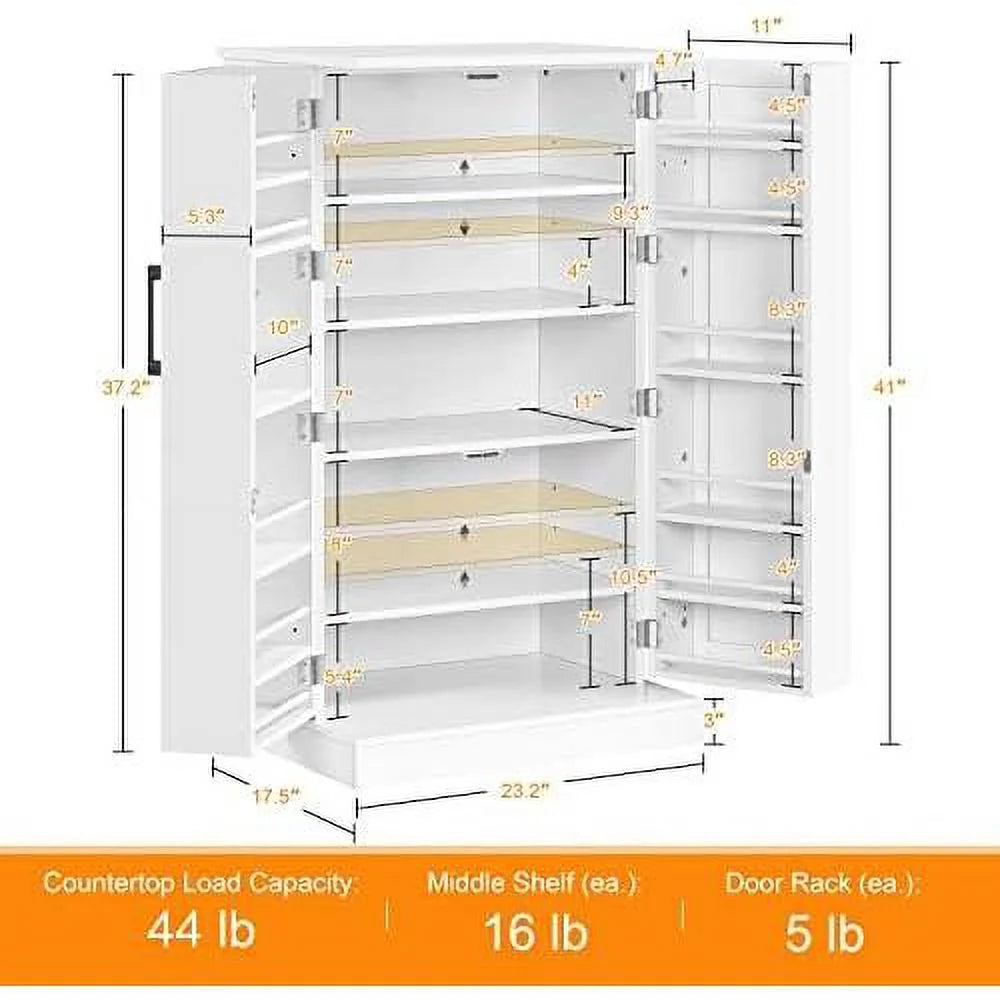 White Wood Pantry Cabinet with Doors and Adjustable Shelves I387