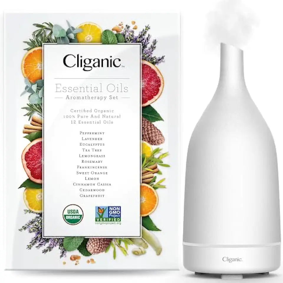Organic Essential Oils Set with White Ceramic Diffuser F480581