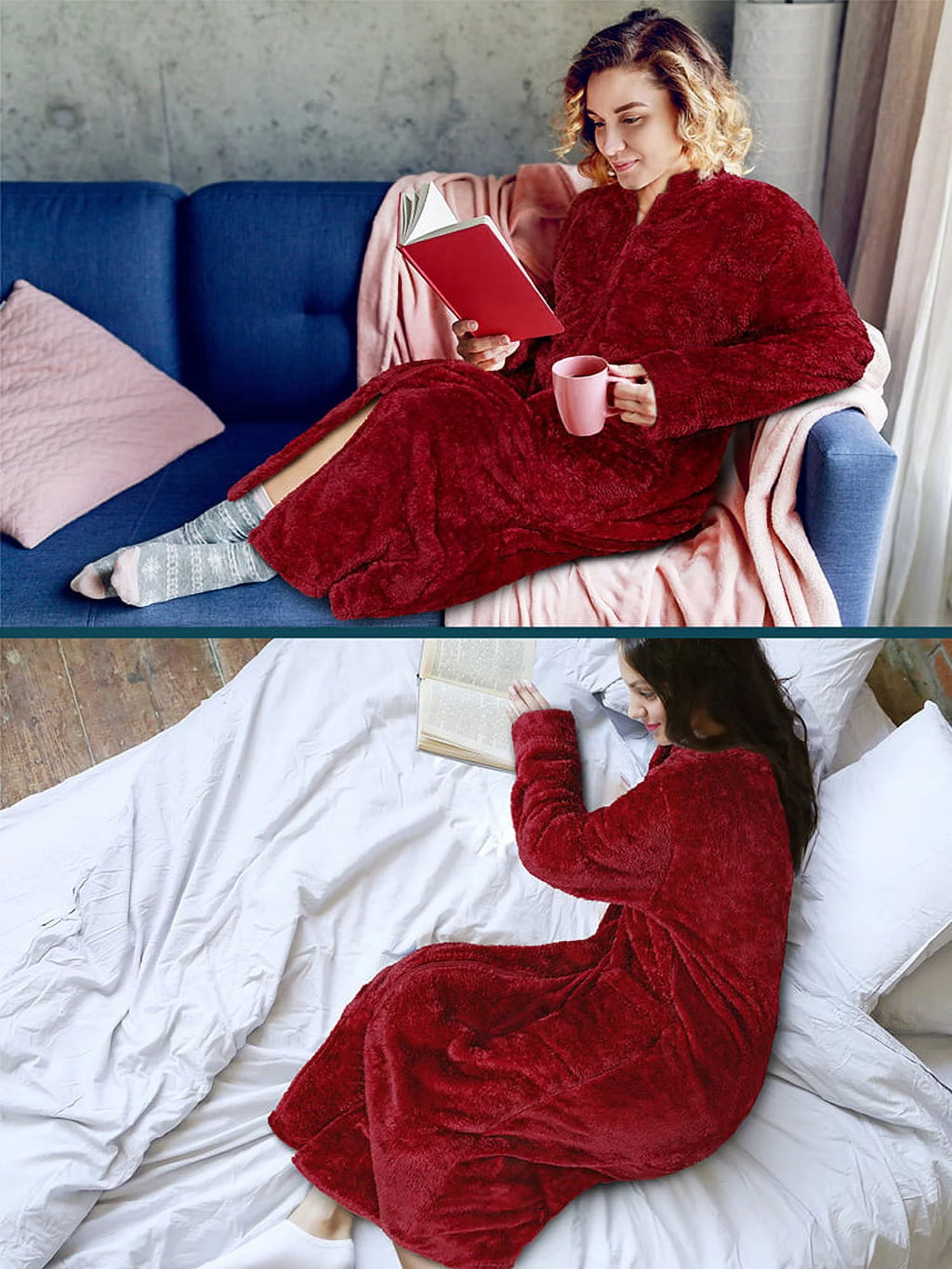 Wine Red Sherpa Fleece Zip Robe with Pockets B7937