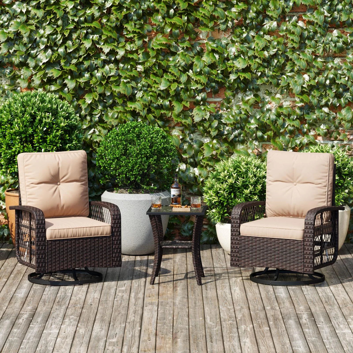 3 Piece Swivel Rocking Wicker Patio Chairs Set with Beige Cushions Z723