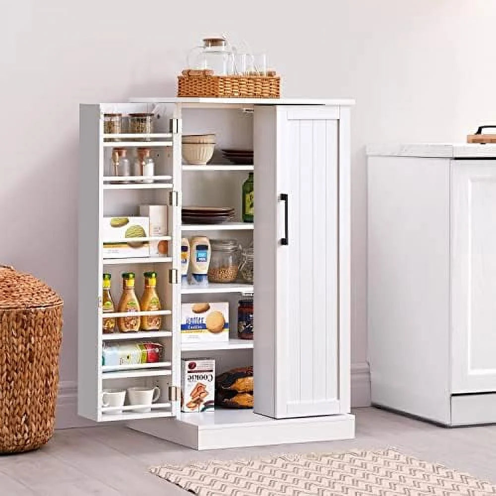 White Wood Pantry Cabinet with Doors and Adjustable Shelves I387