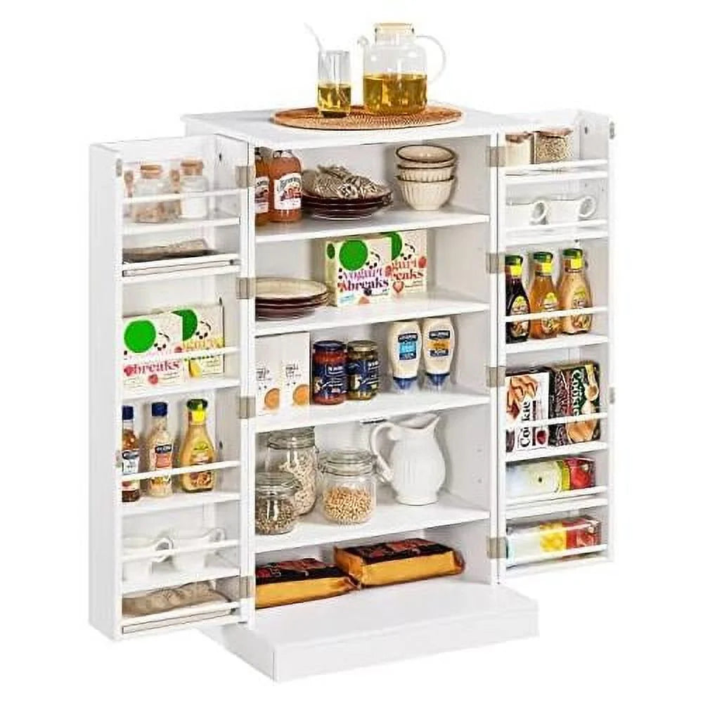 White Wood Pantry Cabinet with Doors and Adjustable Shelves I387