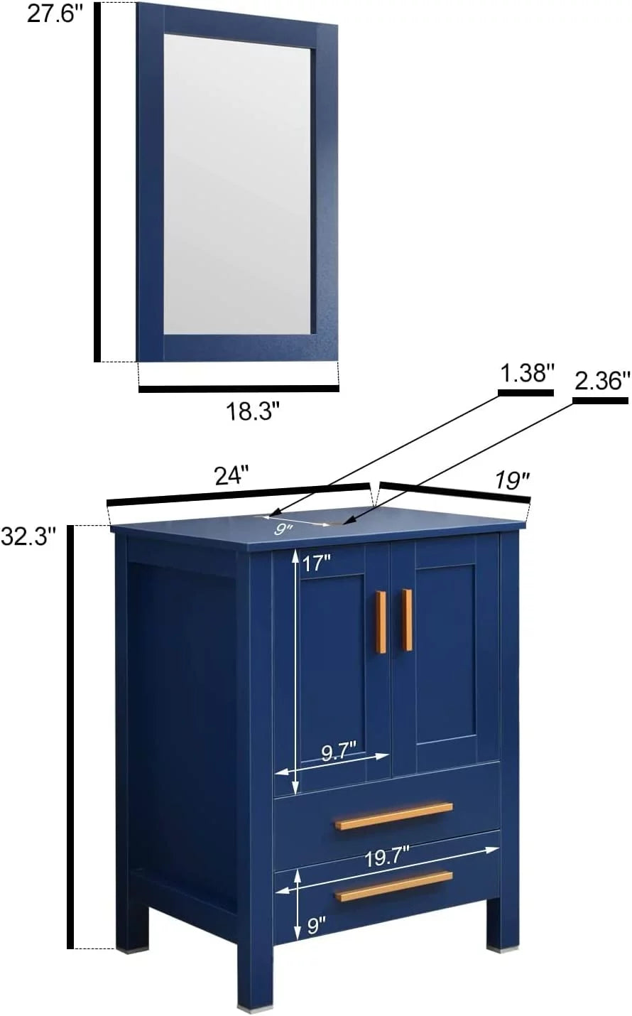 24 Inch Blue Wood Bathroom Vanity and Sink Combo with Mirror B4801