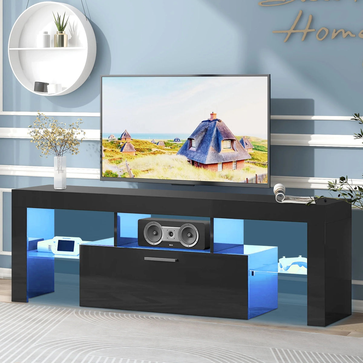 White High Gloss TV Stand with LED Lights and Storage Shelves T1721