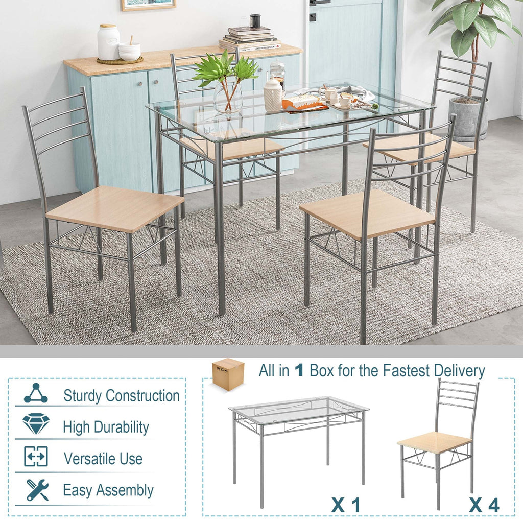 5 Piece Dining Set Table and 4 Chairs Glass Top Brown R28856