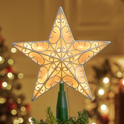 9 inch Silver PVC Star Christmas Tree Topper with 10 Warm White Light Z95496