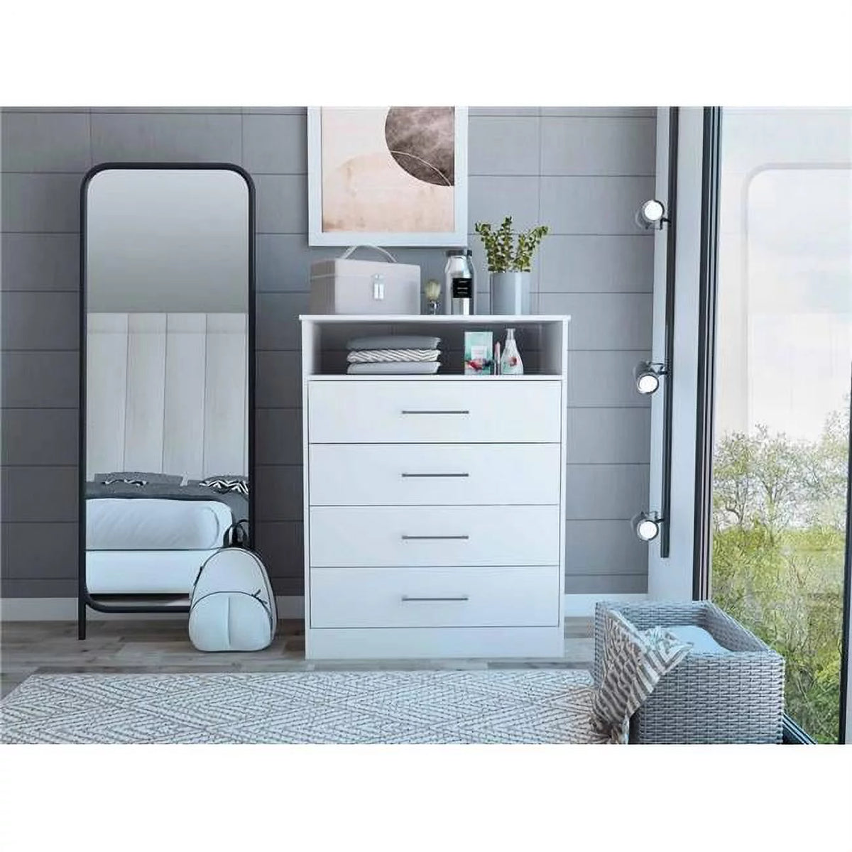 White Four Drawer Dresser with Hutch T3806