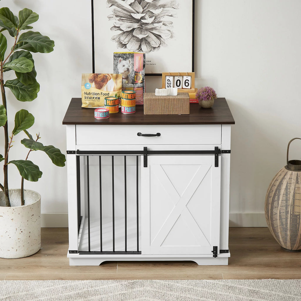 White Wooden Dog Crate with Sliding Barn Door X90263
