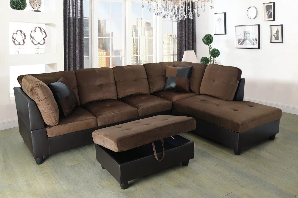Brown Microfiber Faux Leather Sectional Sofa & Chaise with Ottoman V70763