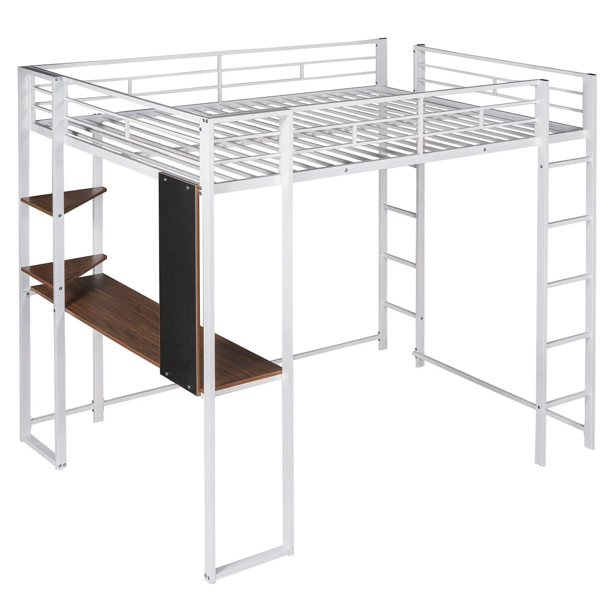 Full Size White Metal Loft Bed with Shelves and Desk H3659