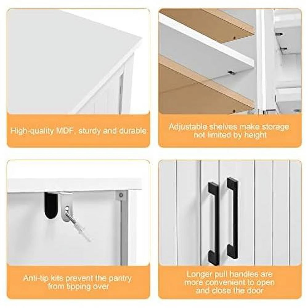White Wood Pantry Cabinet with Doors and Adjustable Shelves I387