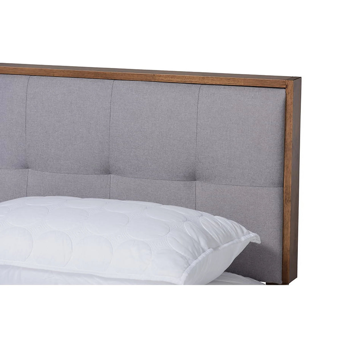Light Grey Fabric Upholstered Walnut Brown Wood Queen Size Platform Bed G3029