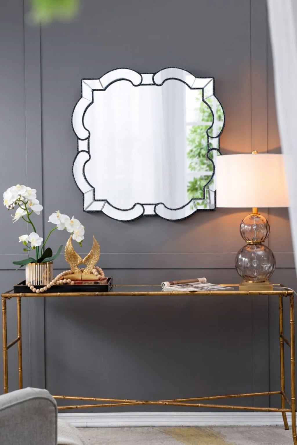 Scalloped Design Wall Mirror 2.5' Clear and Black V469286